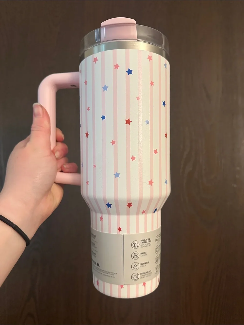 Stanley Pink Striped Tumbler with Red and Blue Stars - Picture 2 of 5